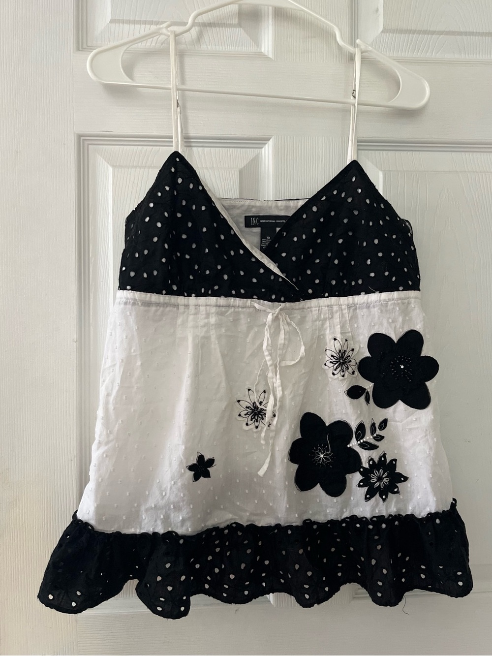 INC Black and White floral embroidered Eyelet Tank